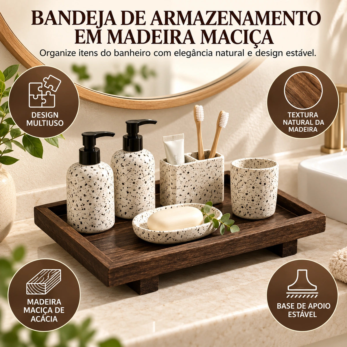 Bandeja de Madeira Maciça Sérénité Base Antiderrapante Lenogue
