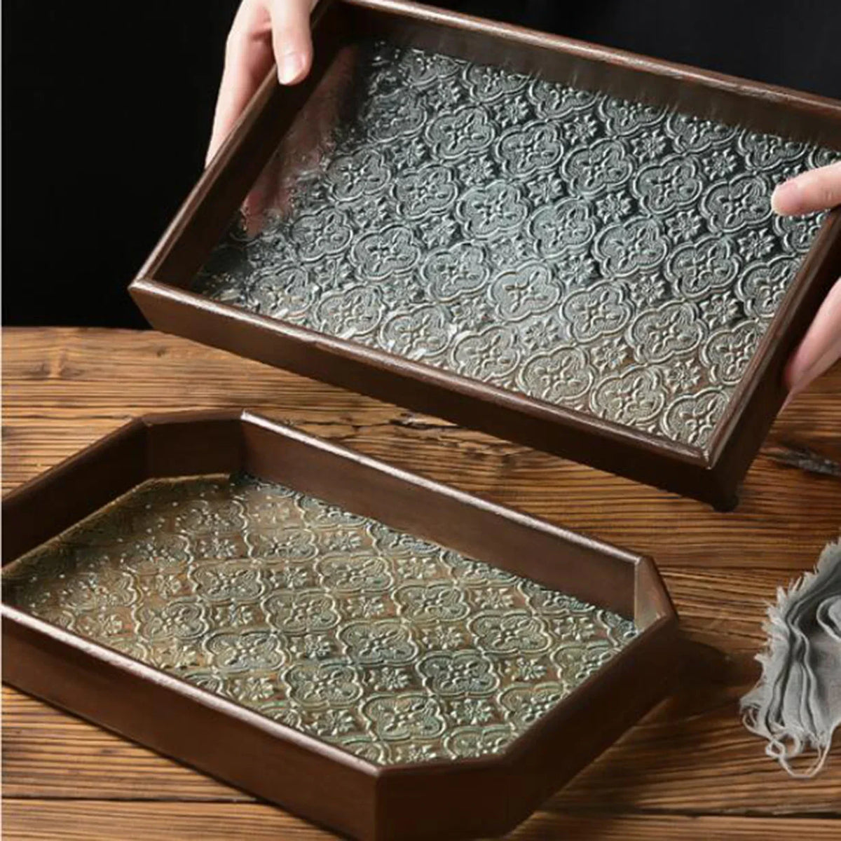 Bandeja Organizador de Vidro com Base Floral para Copos e Lanches Lenogue