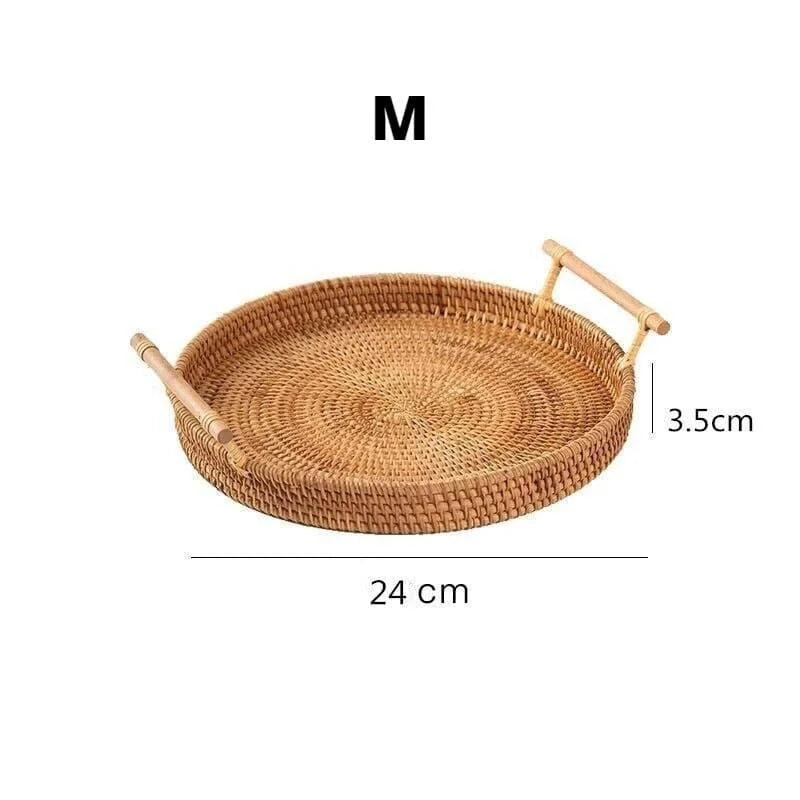 Bandeja Redonda de Vime em Rattan Feita à Mão para Mesa e Decoração Lenogue m - 24cm