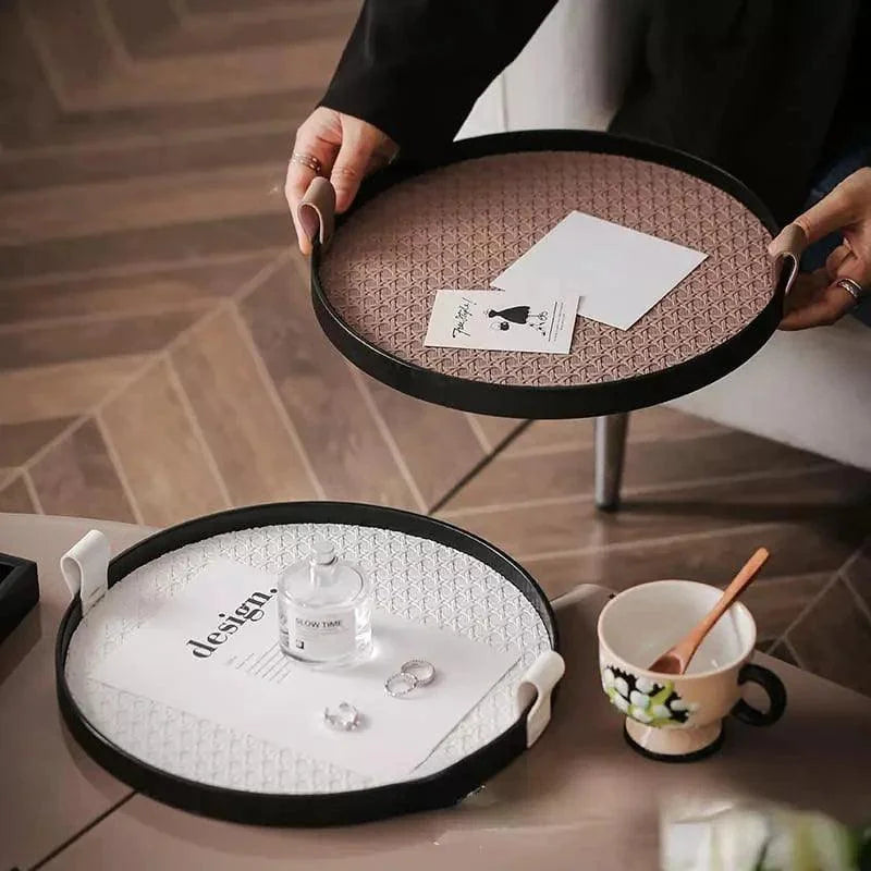 Bandeja Redonda Decorativa com Alça para Sala e Banheiro Lenogue
