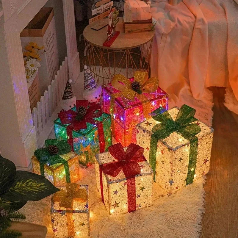 Caixa de Presente Iluminada com Laço para Decoração Natalina Lenogue