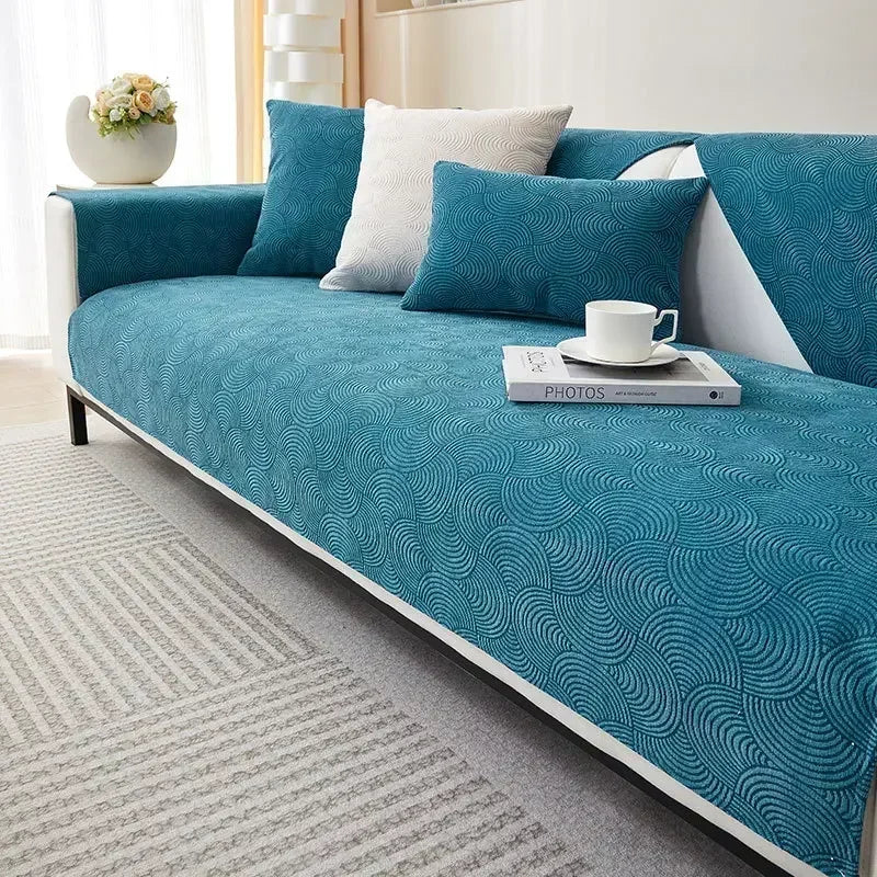Capa de Sofá Chenille Jacquard Azul Antiderrapante com Relevo Lenogue / 70 x 70cm