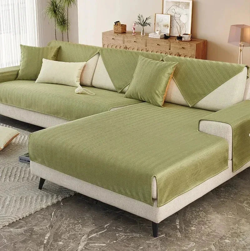 Capa de Sofá Seda Ice Verde com Base Antiderrapante e Matelassê Lenogue