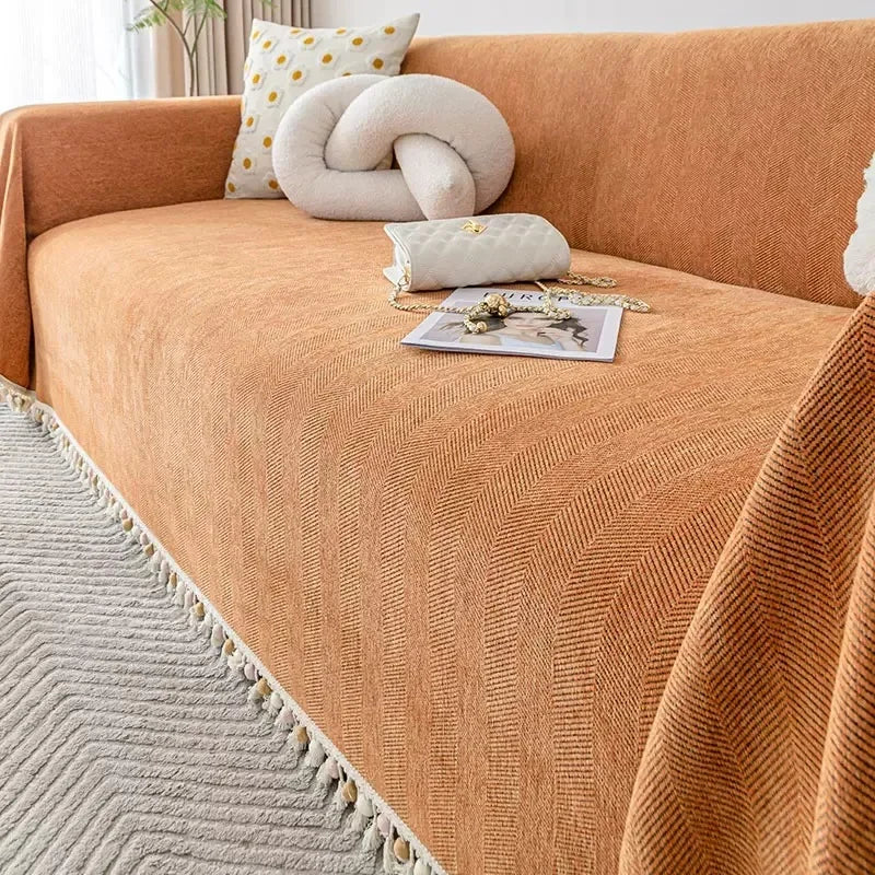 Capa para Sofá Laranja Chenille Chevron Universal com Cobertura Total Lenogue / 180 x 130 Cm