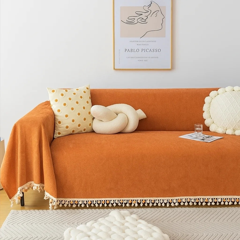 Capa para Sofá Laranja Chenille Chevron Universal com Cobertura Total Lenogue