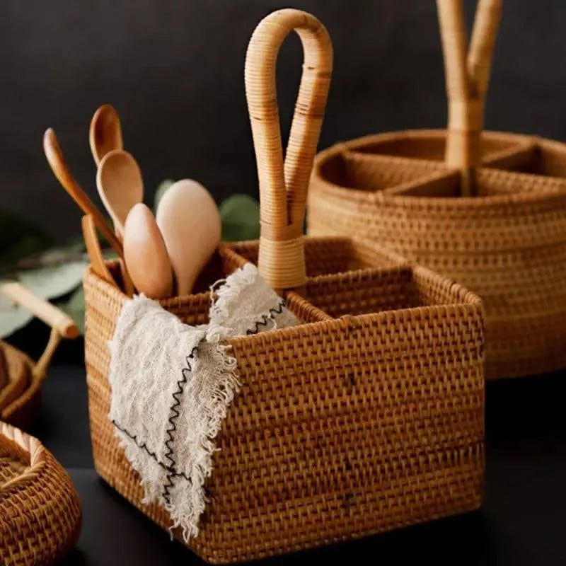 Cesta de Armazenamento em Vime Rattan Feita à Mão para Organização Lenogue Quadrado com Alça