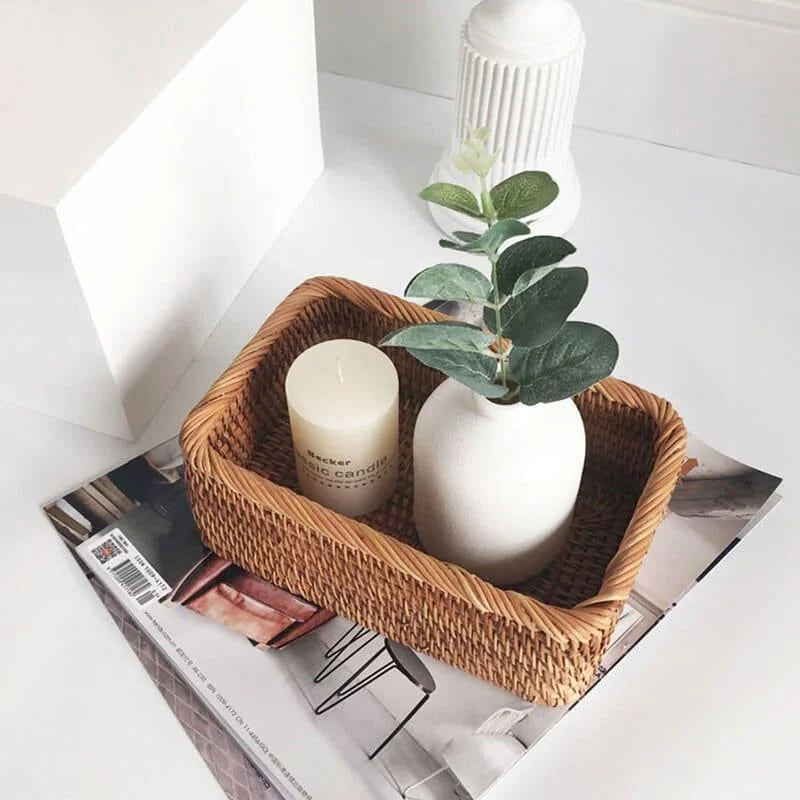 Cesto Organizador de Palha Rattan Feito à Mão para Decoração Natural Lenogue