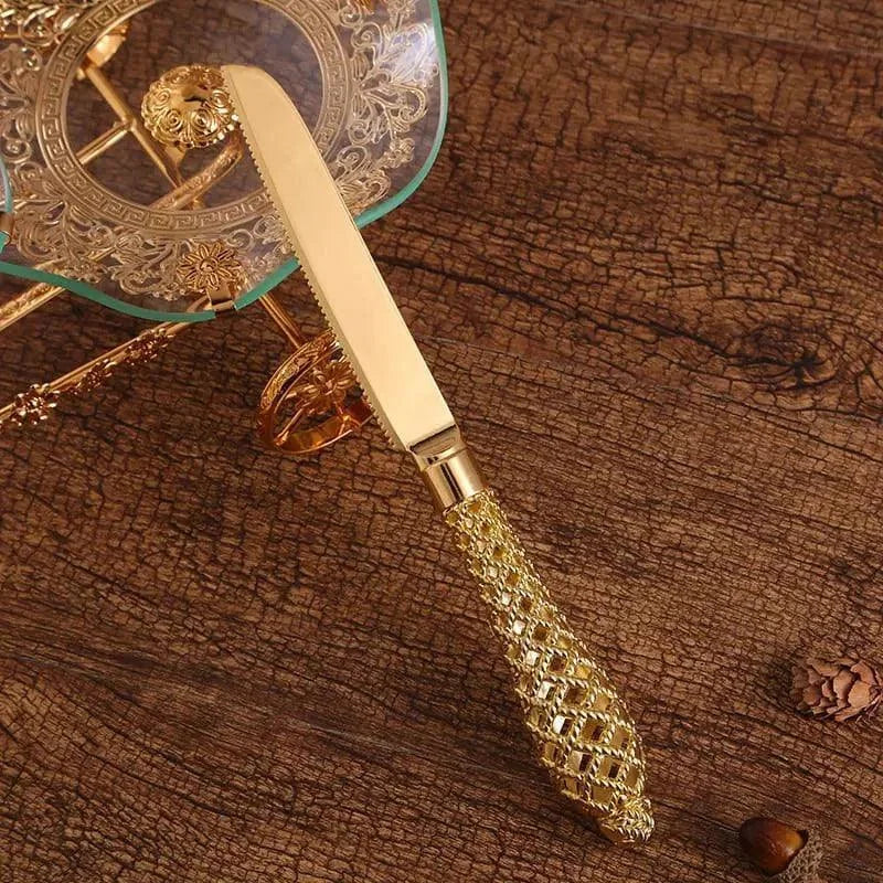 Conjunto de Espátula e Faca Dourada para Bolo Lenogue Dourado / 2 Peças