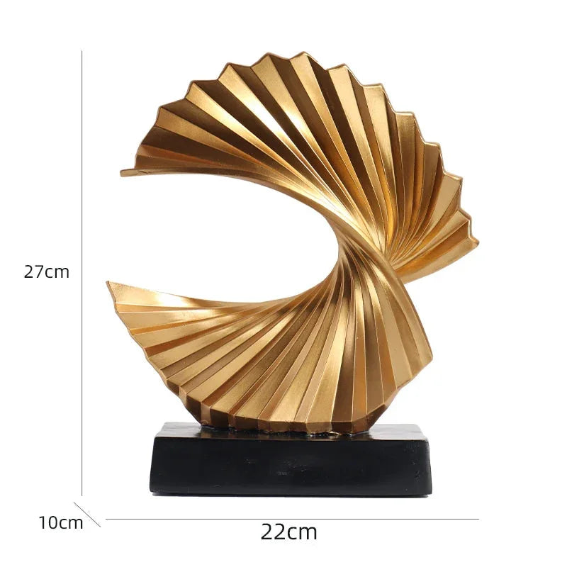 Escultura Abstrata Onda Dourada em Resina com Base Preta Lenogue
