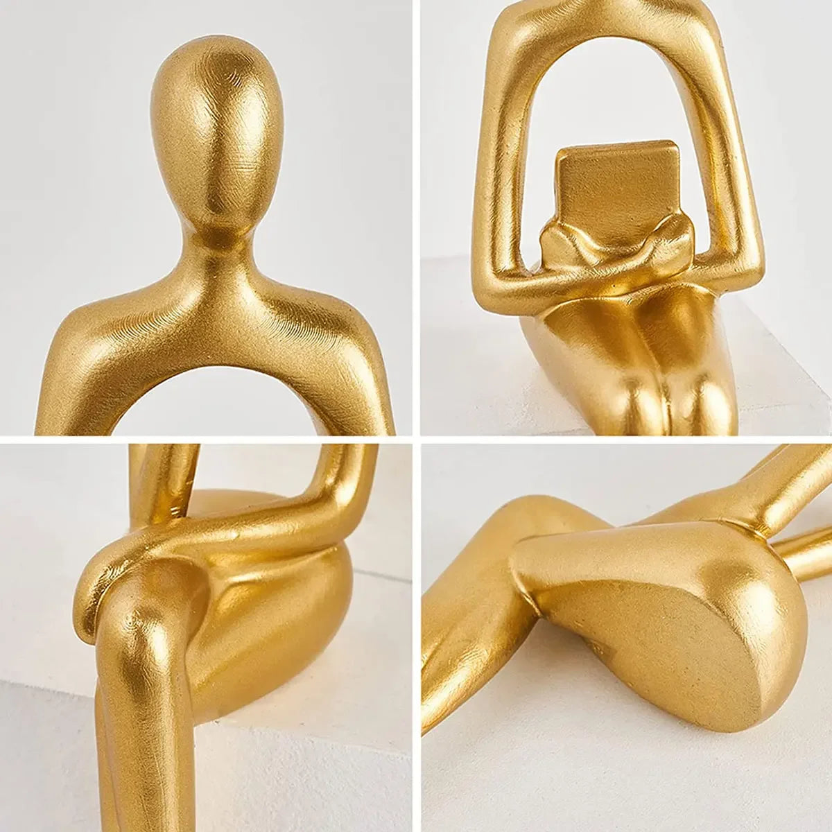 Escultura Abstrata Pensador em Resina Dourada para Sala e Escritório Lenogue 3 Peças