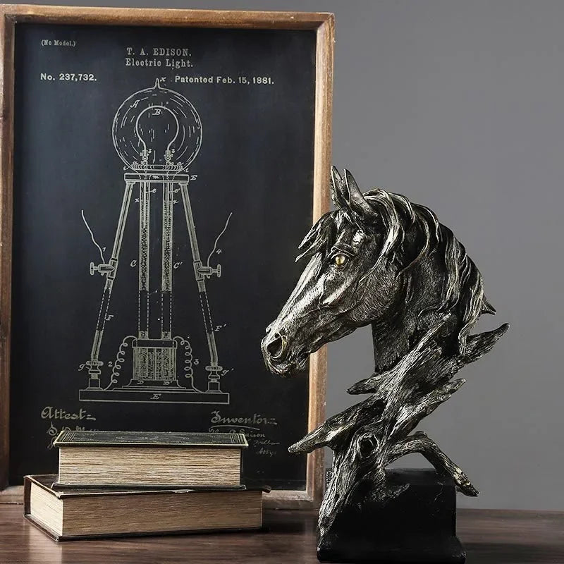 Escultura Cabeça de Cavalo em Resina Estilo Vintage Lenogue Preto
