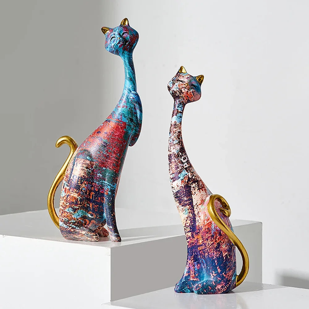 Escultura de Gato Estilo Europeu em Resina para Decoração Lenogue Gatos (2 Peças)