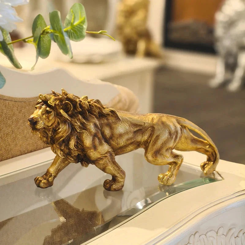 Estátua de Leão Dourado em Resina para Decoração Lenogue