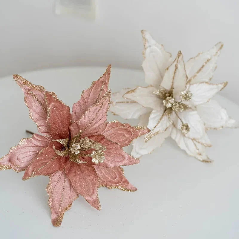 Flor Decorativa Natalina Flanela Dourada para Arranjos e árvore Lenogue Kit 2 Peças (Rosa Champagne)