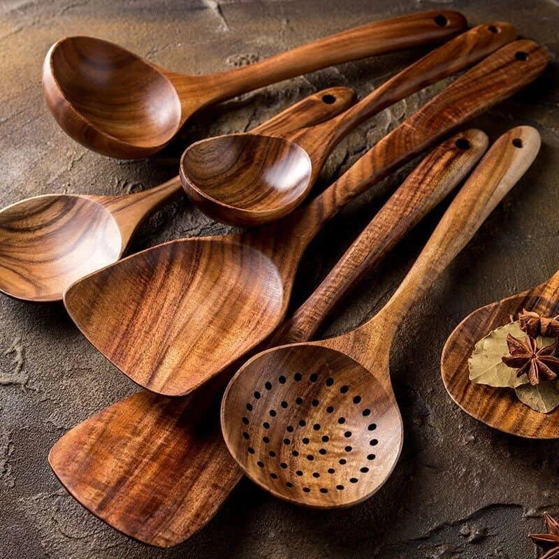 Kit Utensílios de Cozinha 7 Peças em Madeira Teca Lenogue (conj. Peças)