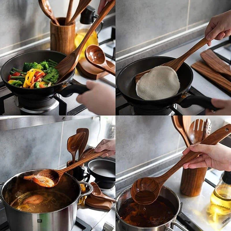 Kit Utensílios de Cozinha 7 Peças em Madeira Teca Lenogue (conj. Peças)