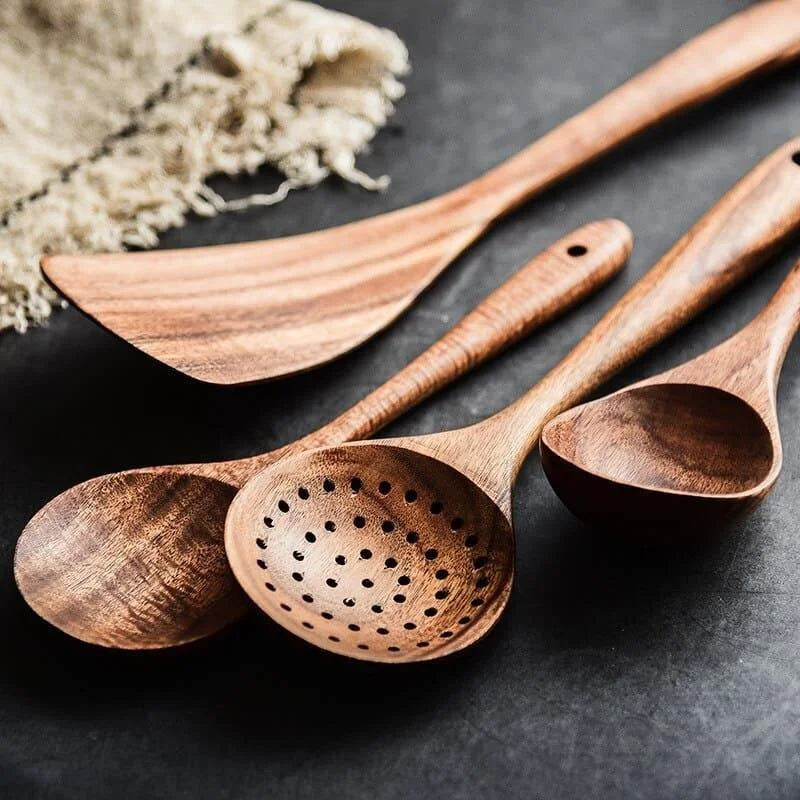 Kit Utensílios de Cozinha 7 Peças em Madeira Teca Lenogue (conj. Peças)