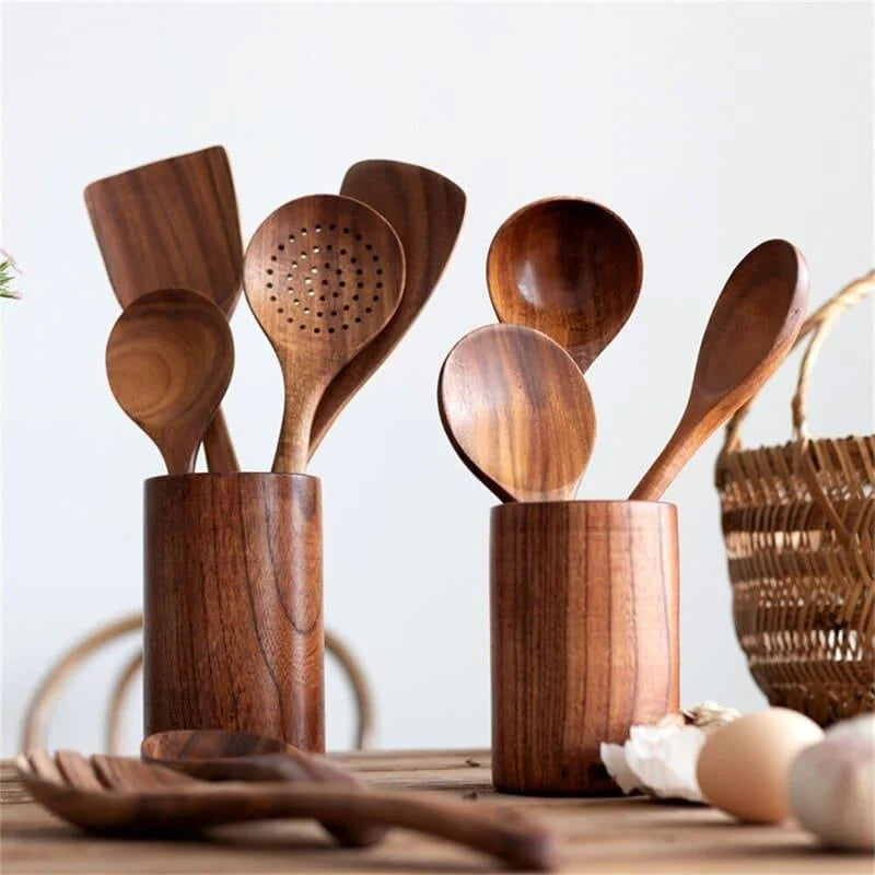 Kit Utensílios de Cozinha 7 Peças em Madeira Teca Lenogue (conj. Peças)