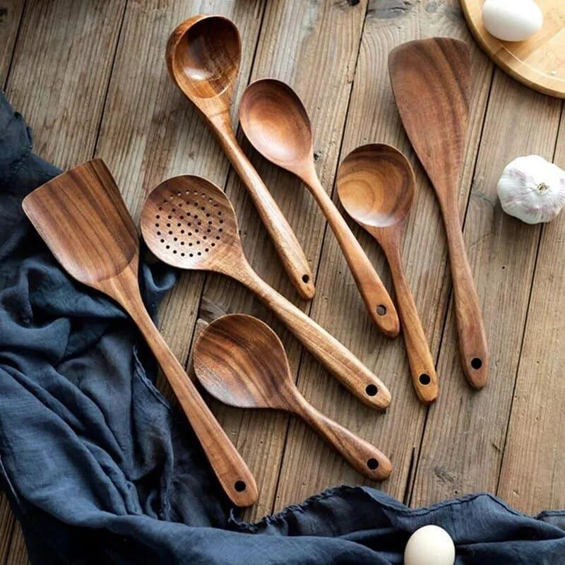 Kit Utensílios de Cozinha 7 Peças em Madeira Teca Lenogue (conj. Peças)