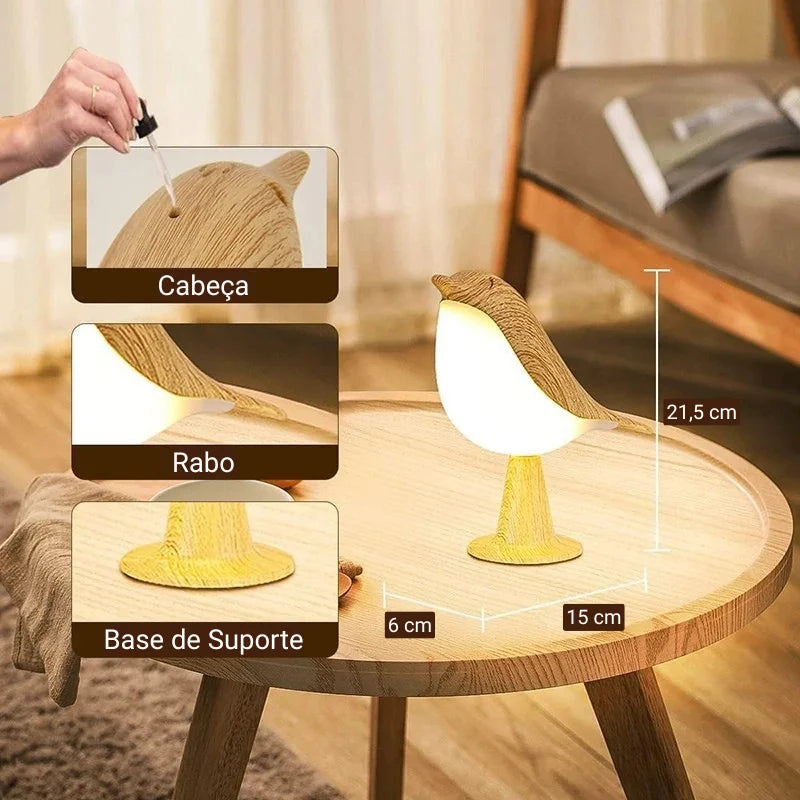 Luminária Led de Madeira Pássaro com Toque para Quarto Lenogue Natural