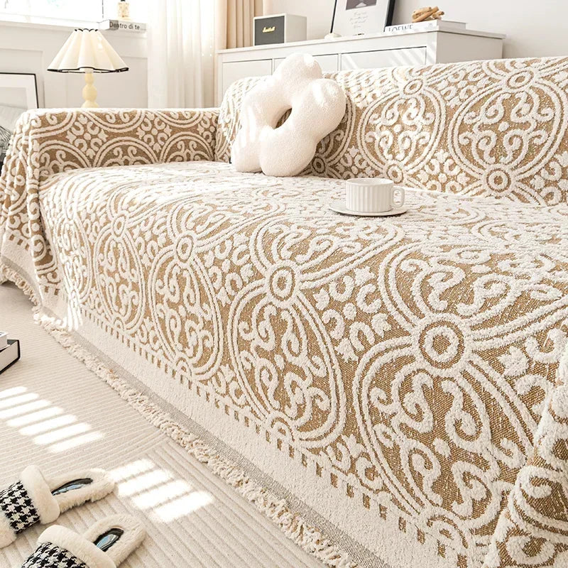 Manta de Pelúcia Espessa Boho para Sofá Cinza e Branco Lenogue