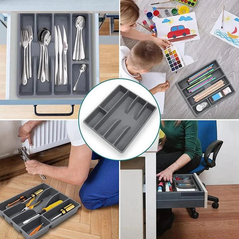 Organizador de Talheres Cinza com 5 Divisórias para Gavetas Cozinha Lenogue
