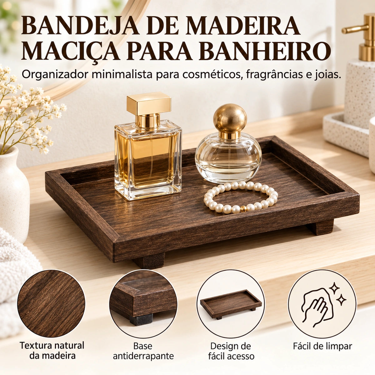 Bandeja de Madeira Maciça Sérénité Base Antiderrapante Lenogue