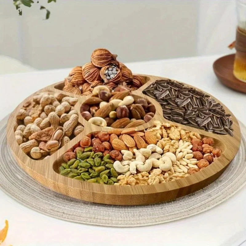 Bandeja Redonda de Bambu com Divisórias para Servir e Decorar Lenogue Madeira Natural