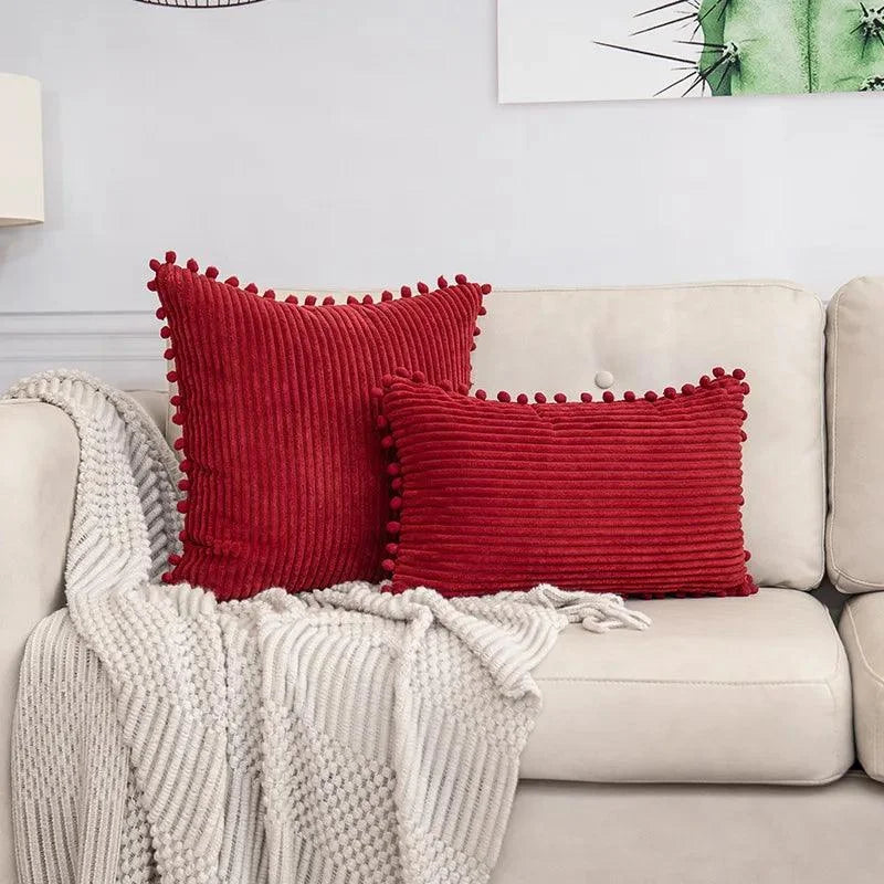 Capa de Almofada Listrada em Veludo Cotelê para Decoração Lenogue Vermelho / 30 x 50 Cm