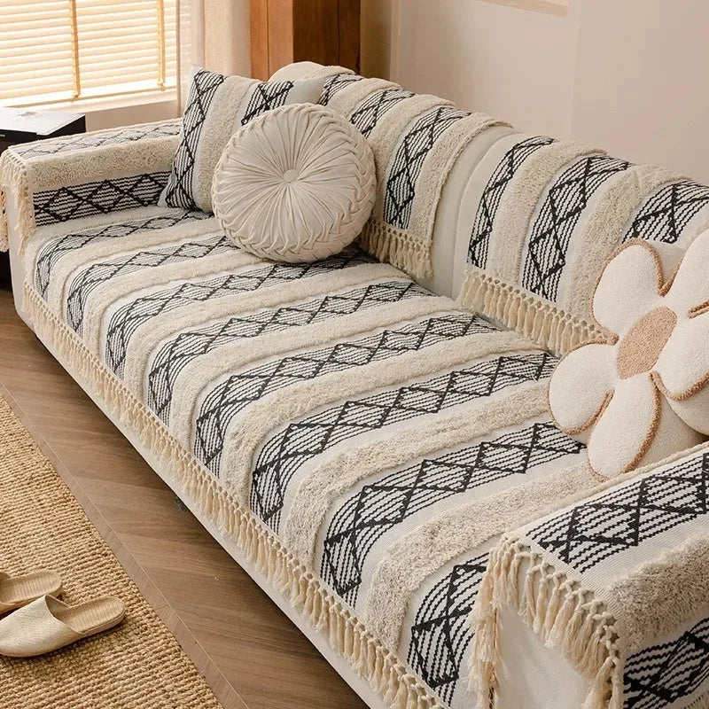 Capa de Sofá Estilo Boho em Algodão e Linho com Design 3d Lenogue Azul Bege / 70x70 Cm