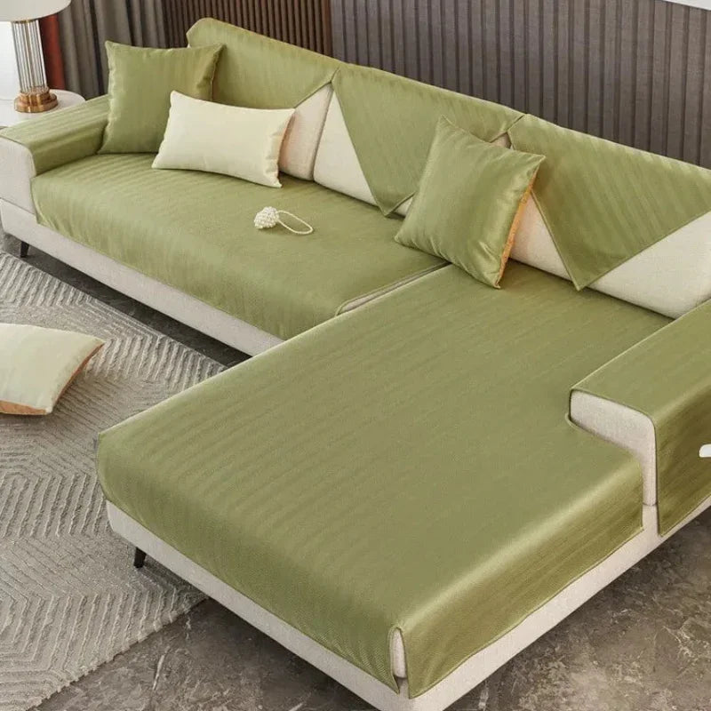 Capa de Sofá Seda Ice Verde com Base Antiderrapante e Matelassê Lenogue