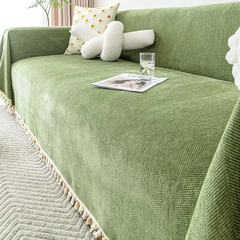 Capa para Sofá Verde Chenille Chevron Universal com Cobertura Total Lenogue / 180 x 130 Cm