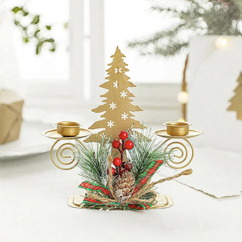 Castiçal de Ferro Dourado com Papai Noel e Rena Decoração Natal Lenogue árvore