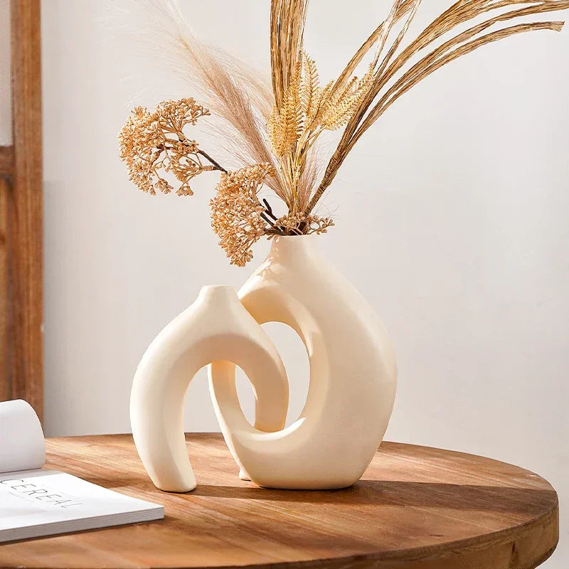 Conjunto com 2 Vasos Decorativos de Casal para Sala e Mesa Lenogue Bege