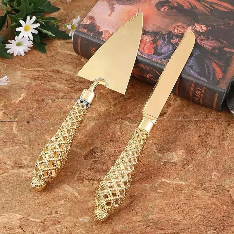 Conjunto de Espátula e Faca Dourada para Bolo Lenogue Dourado / 2 Peças