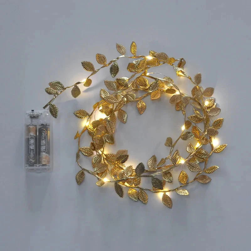 Cordão de Luzes Led Decorativo com Folhas Douradas Lenogue Dourado