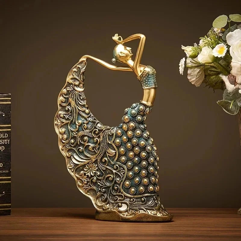 Escultura Bailarina Pavão em Resina Premium Pintura Manual Lenogue Dourado