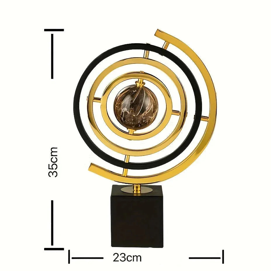 Escultura Globo Abstrato em Metal para Sala e Escritório Lenogue Dourado Preto