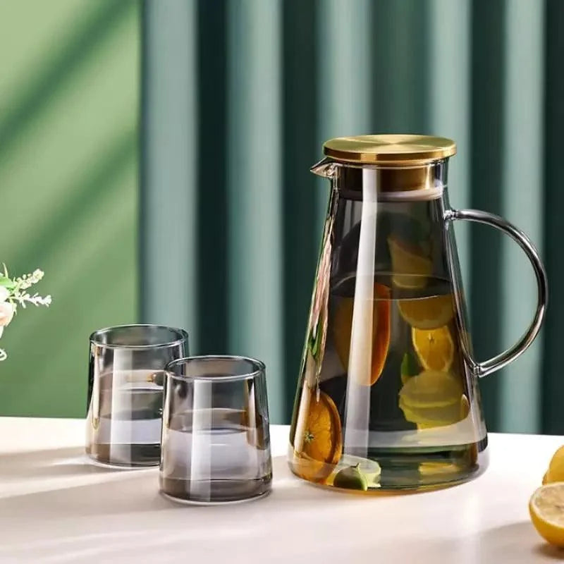 Jarra de Vidro Borossilicato com Tampa para Bebidas 2l Lenogue Cinza + 2 Copos