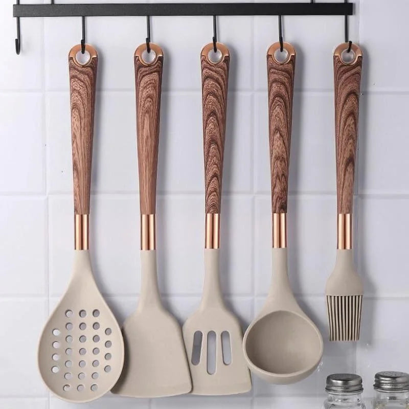 Kit Utensílios de Cozinha 10 Peças em Silicone Rosé com Organizador Lenogue