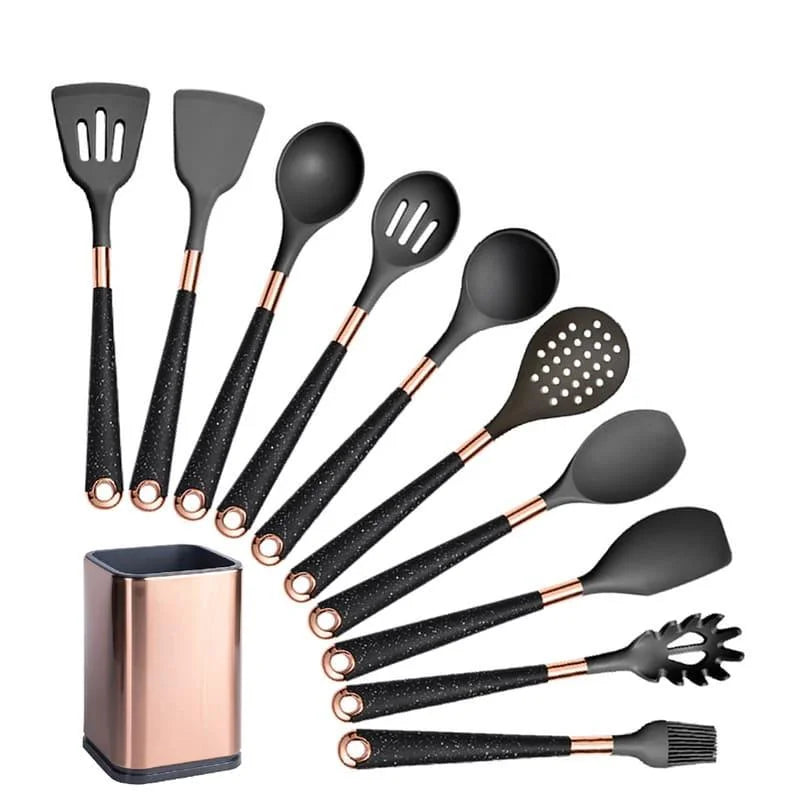Kit Utensílios de Cozinha 10 Peças em Silicone Rosé com Organizador Lenogue