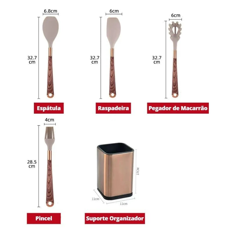 Kit Utensílios de Cozinha 10 Peças em Silicone Rosé com Organizador Lenogue