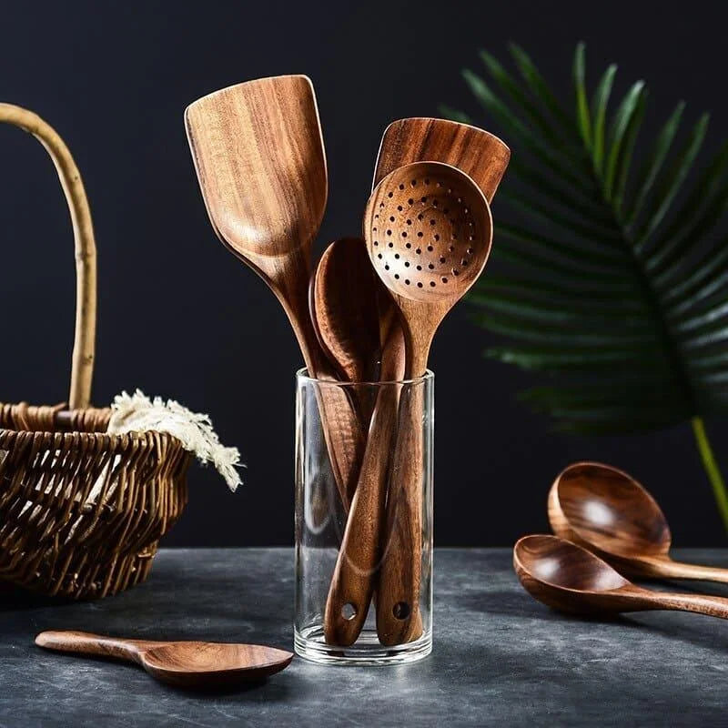 Kit Utensílios de Cozinha 7 Peças em Madeira Teca Lenogue (conj. Peças)