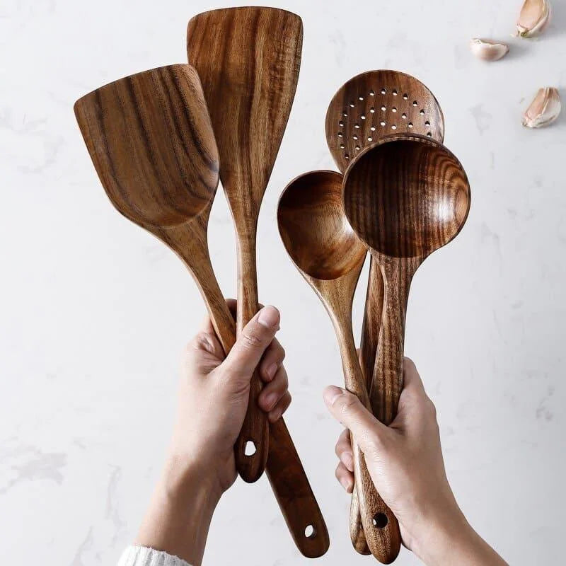 Kit Utensílios de Cozinha 7 Peças em Madeira Teca Lenogue (conj. Peças)