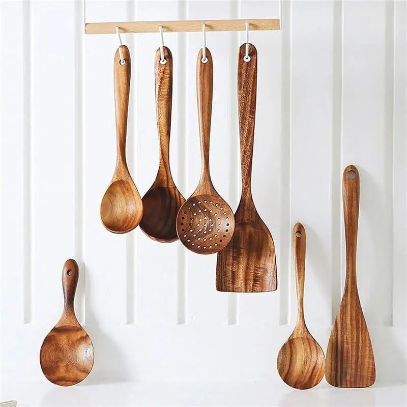 Kit Utensílios de Cozinha 7 Peças em Madeira Teca Lenogue (conj. Peças)