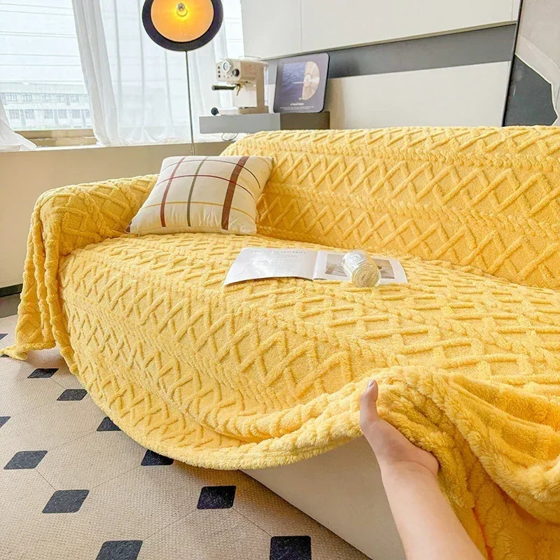 Manta Coral Amarelo Fleece Grossa para Sofá e Sala de estar Lenogue / 180 x 130 Cm
