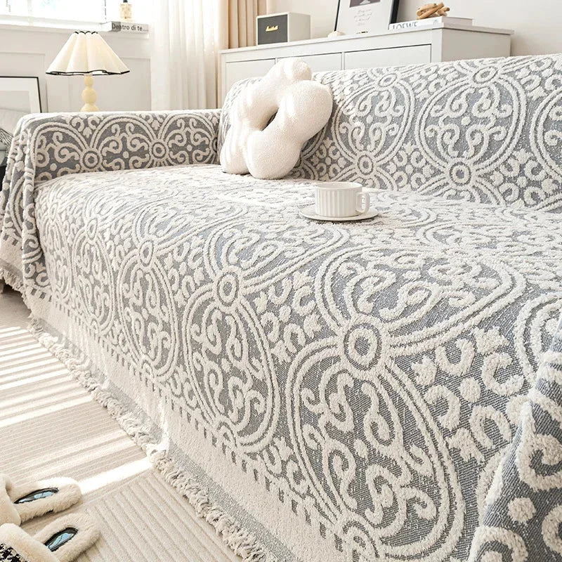 Manta de Pelúcia Espessa Boho para Sofá Bege e Branco Lenogue