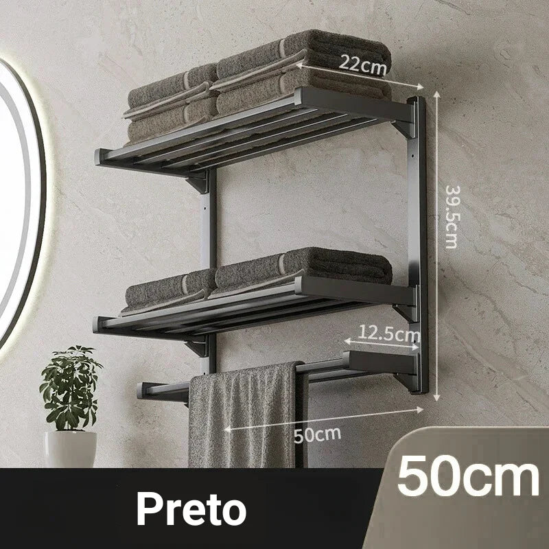 Porta Toalha de Parede sem Furo com Prateleira Reforçada Lenogue Preto