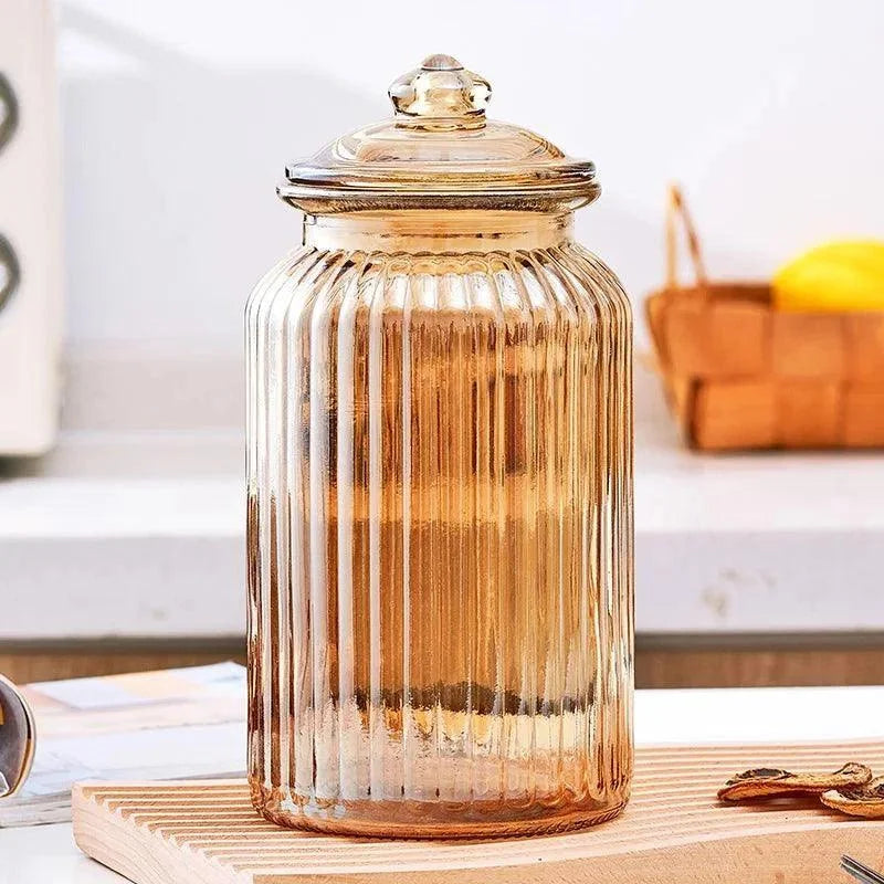 Pote de Vidro Listrado Criativo âmbar Lacrado para Chá e Doces Lenogue Mod. 1350ml - 1 Peça