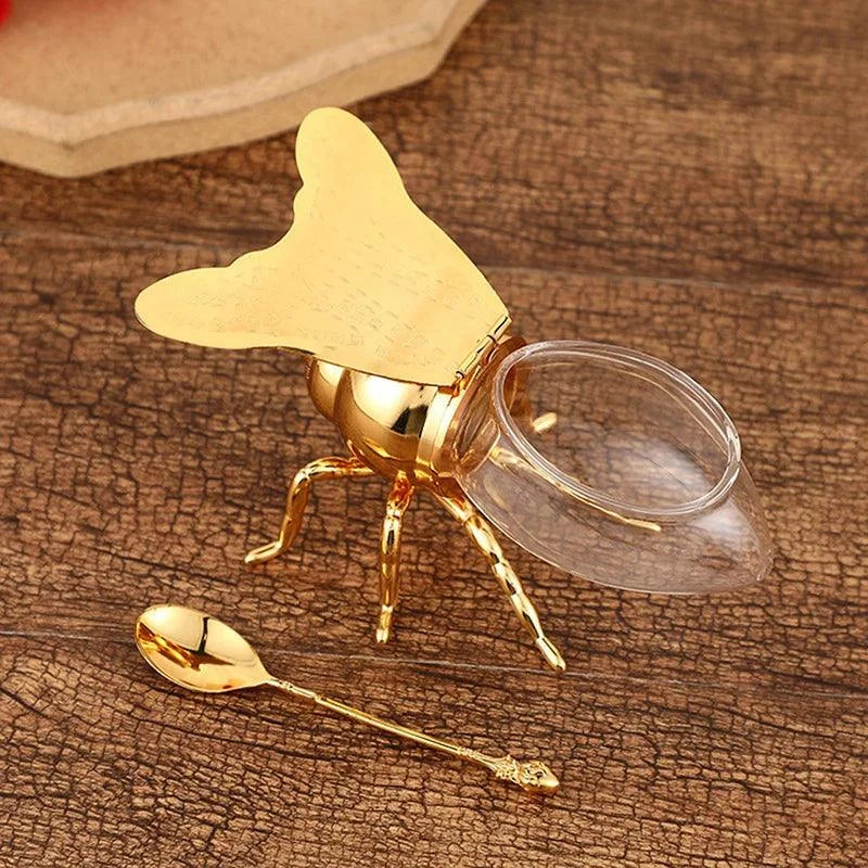 Pote de Vidro Transparente com Tampa e Colher para Mel Lenogue Dourado
